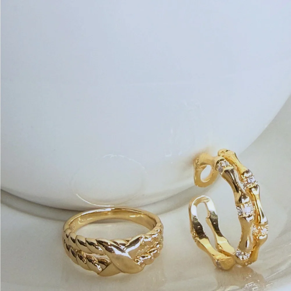 14K Gold Plated CZ Bamboo Style Double Band Ring | Adjustable Open Ring